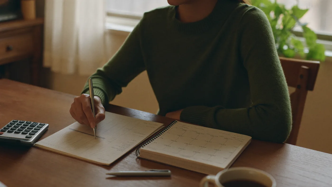 Woman in a green sweater checking account entries against a calendar notebook with a calculator at her kitchen table